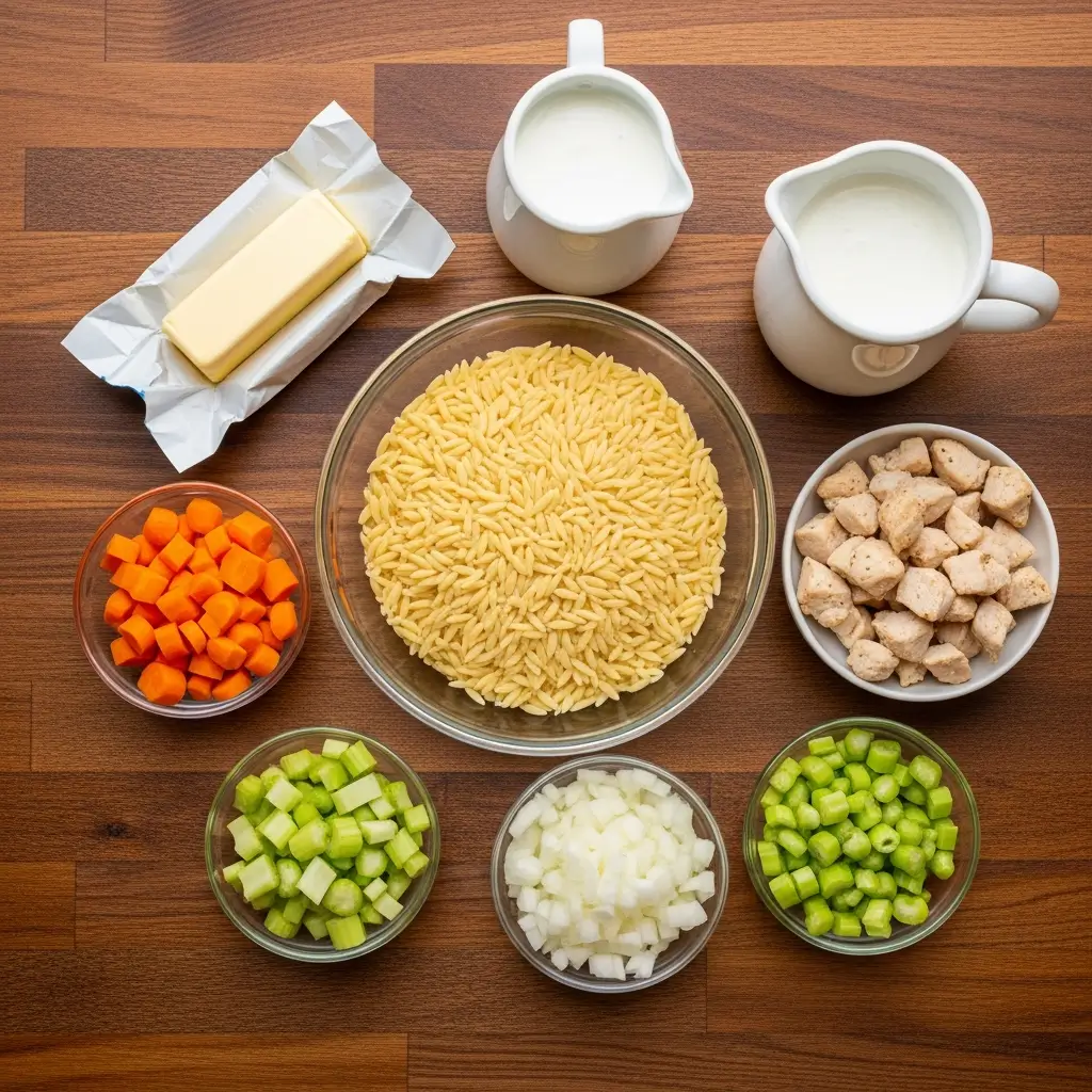 creamy chicken pot pie orzo ingredients flat lay