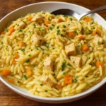 creamy chicken pot pie orzo recipe in bowl