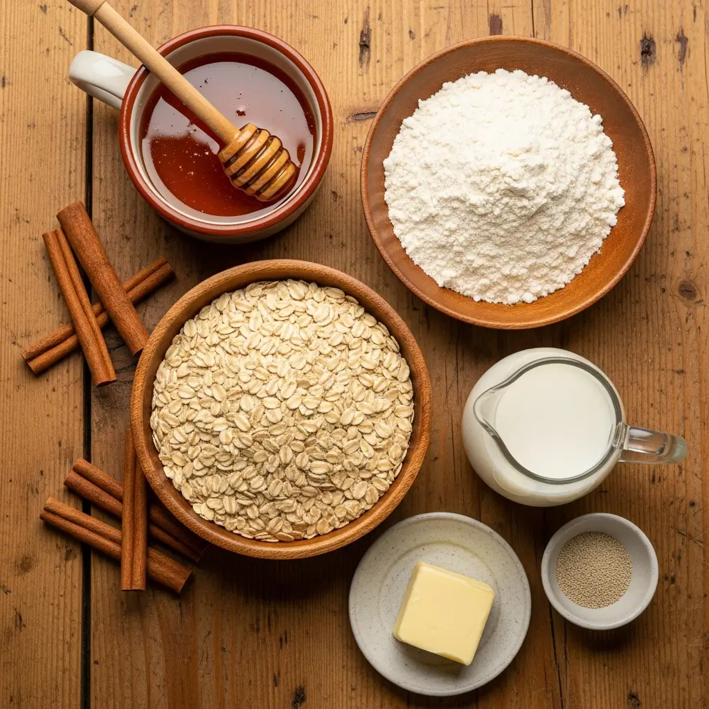Honey Cinnamon Oatmeal Bread ingredients setup