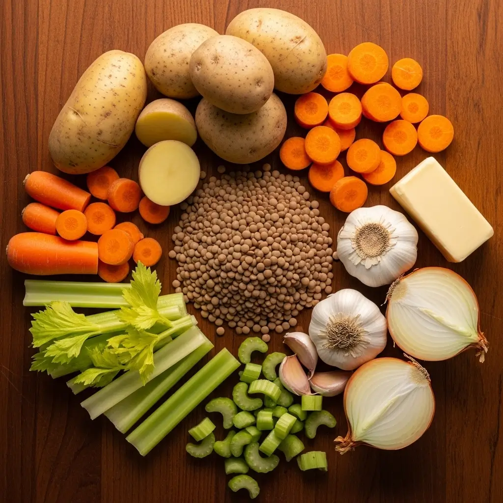 Ingredients for Lentil Potato Soup displayed on table