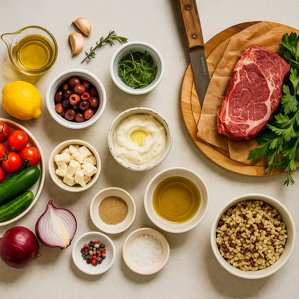 Mediterranean Steak Bowl ingredients flat lay