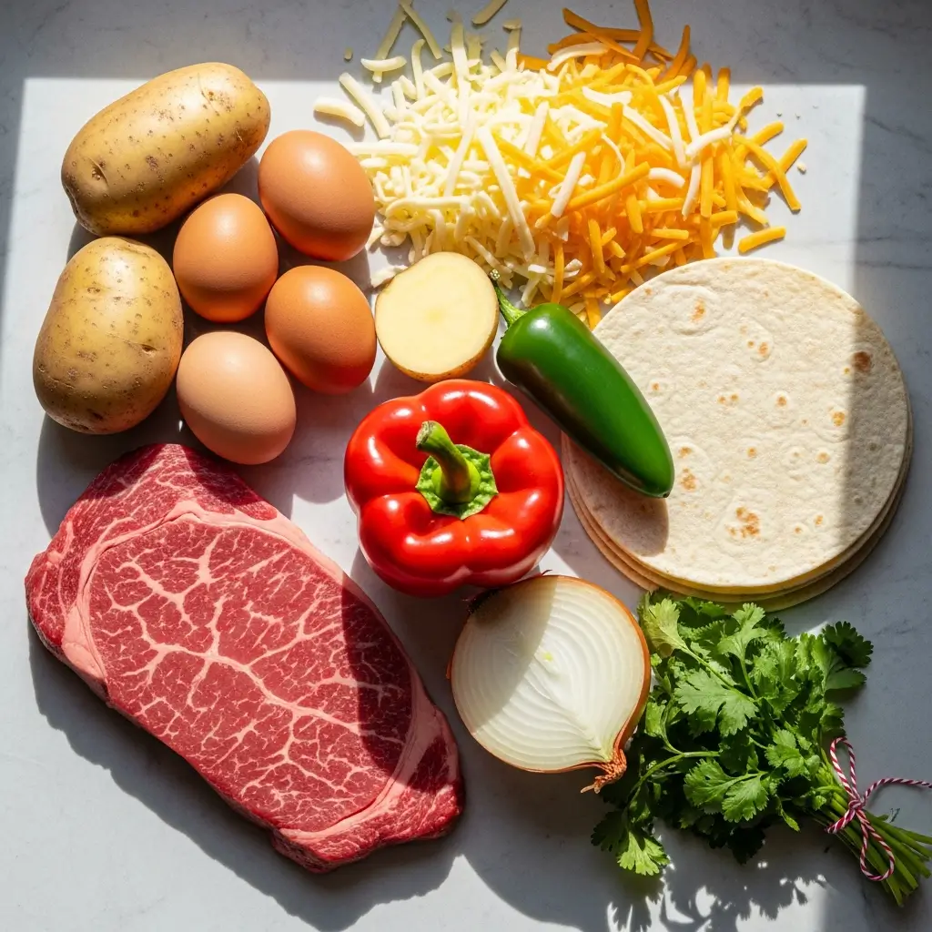 Ingredients for Steak and Egg Breakfast Burrito on countertop