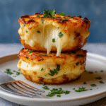 Cheesy Mashed Potato Puff Bites on plate with sauce