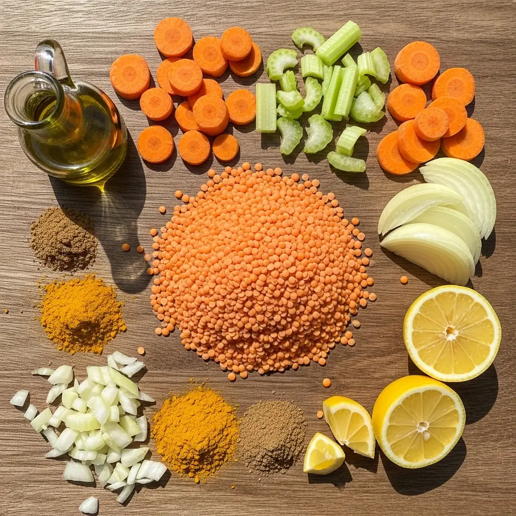 anti-inflammatory lentil soup ingredients flat lay