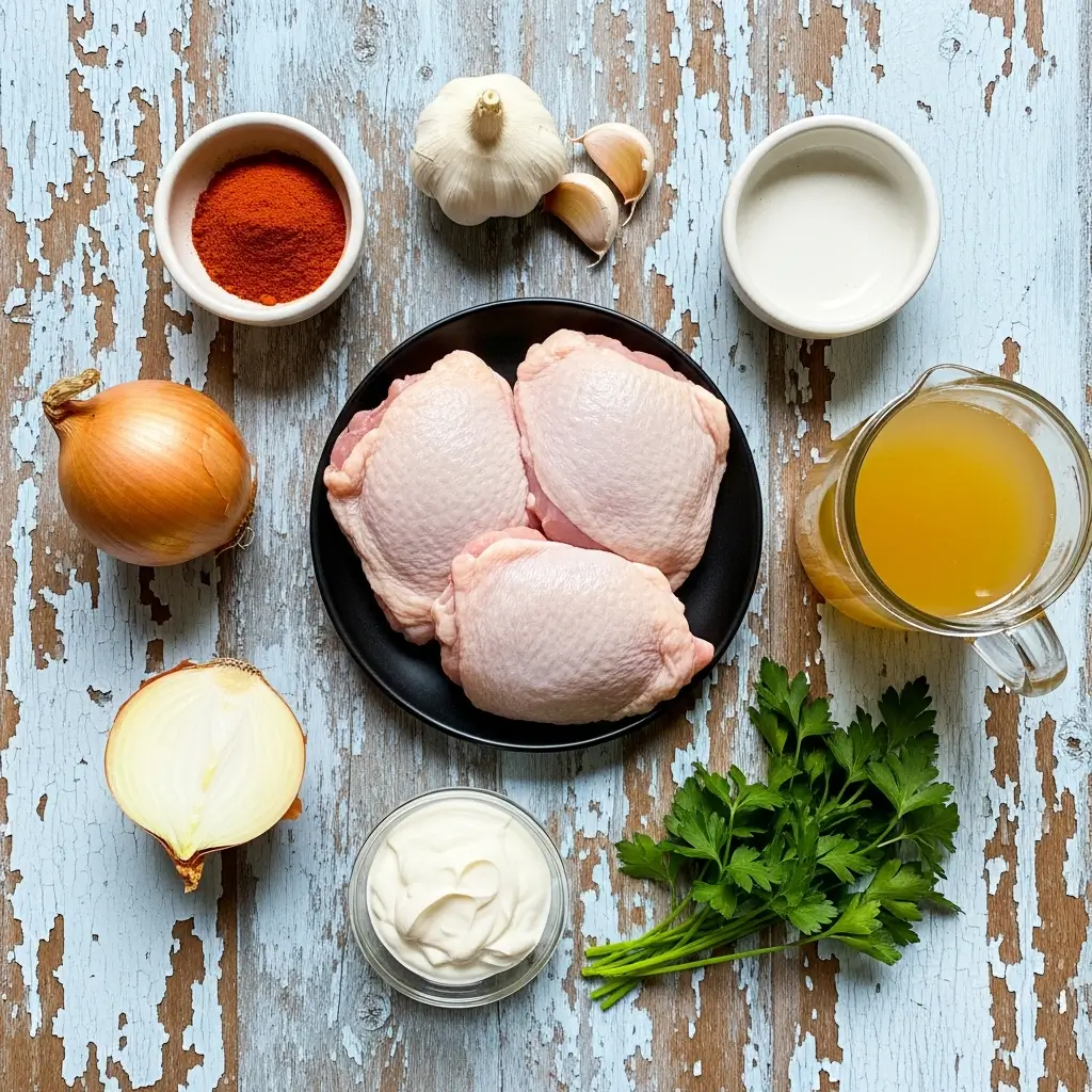 Ingredients for Authentic Chicken Paprikash laid on wooden table