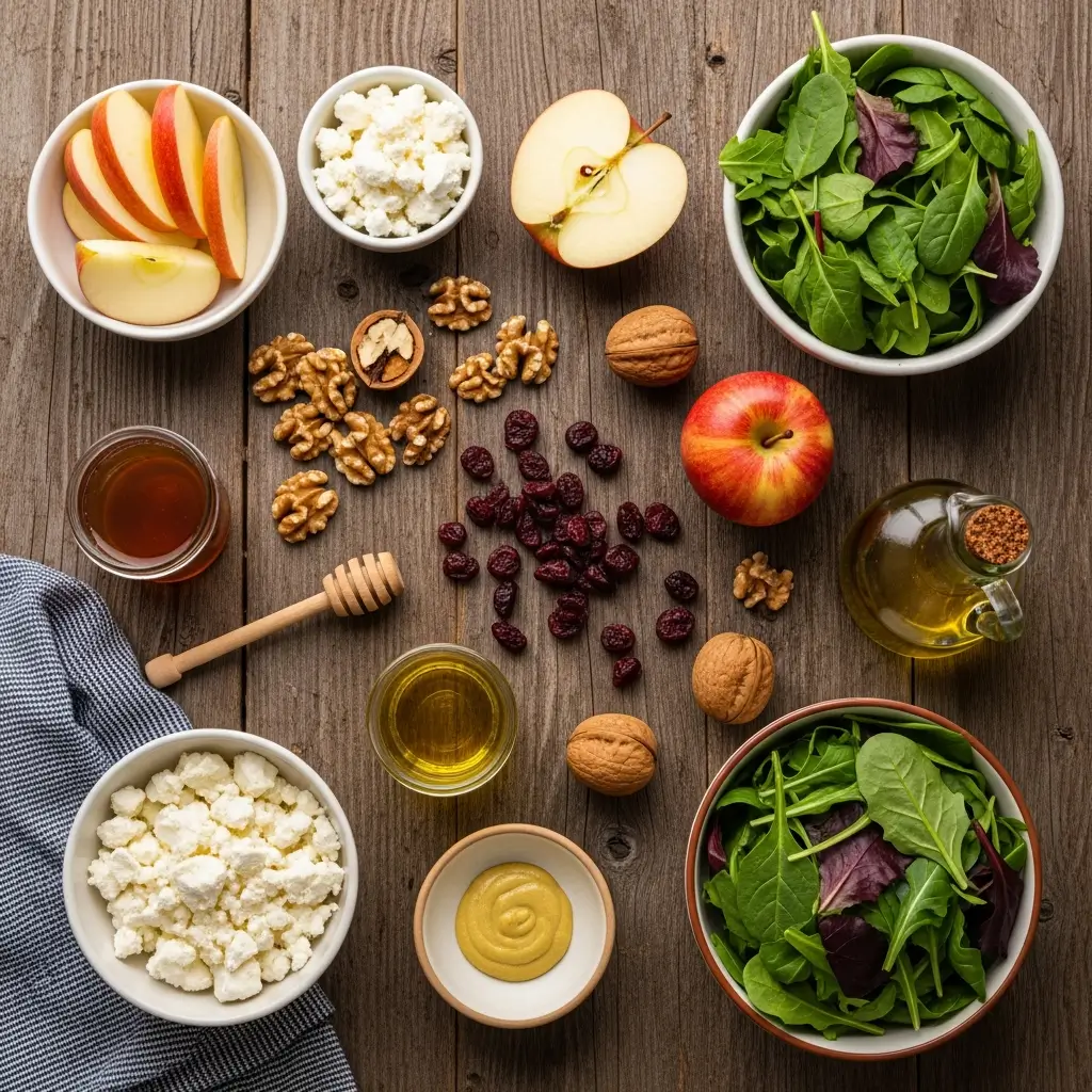 autumn apple salad ingredients flat lay