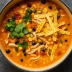 Best Chicken Tortilla Soup in rustic bowl with toppings