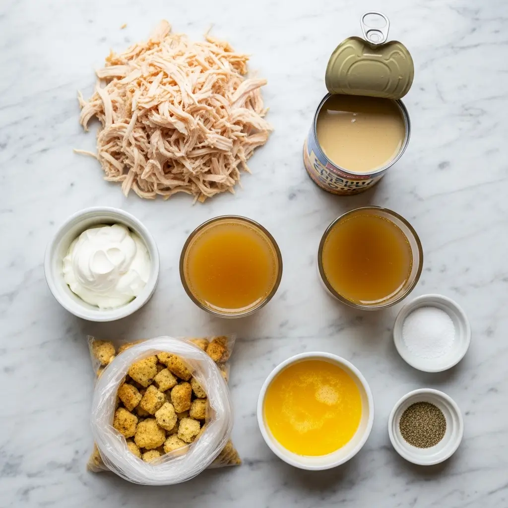Chicken and Stuffing Casserole ingredients on counter