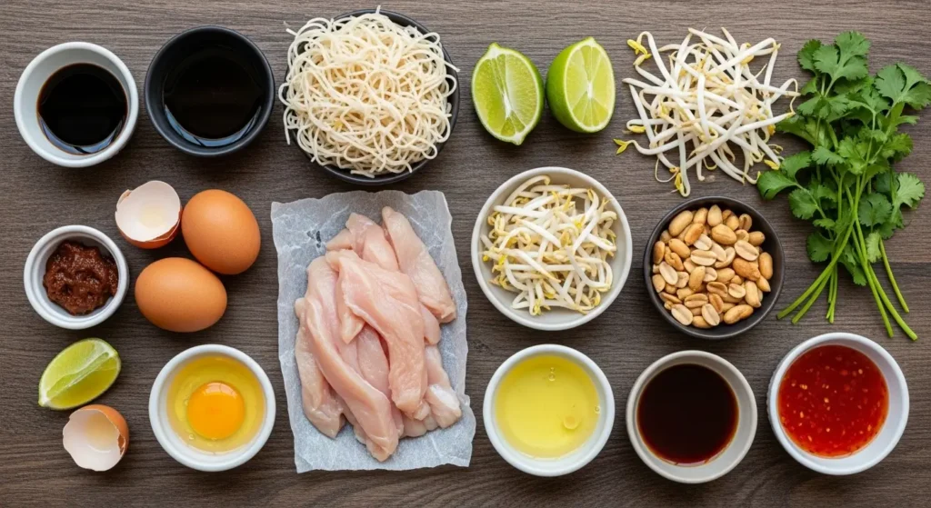 Chicken Pad Thai Recipe ingredients on a wooden counter