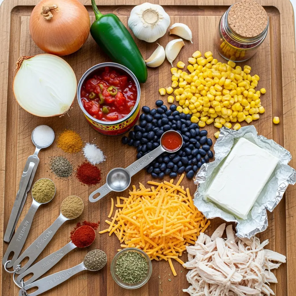 Chicken Tortilla Soup ingredients displayed on wooden board