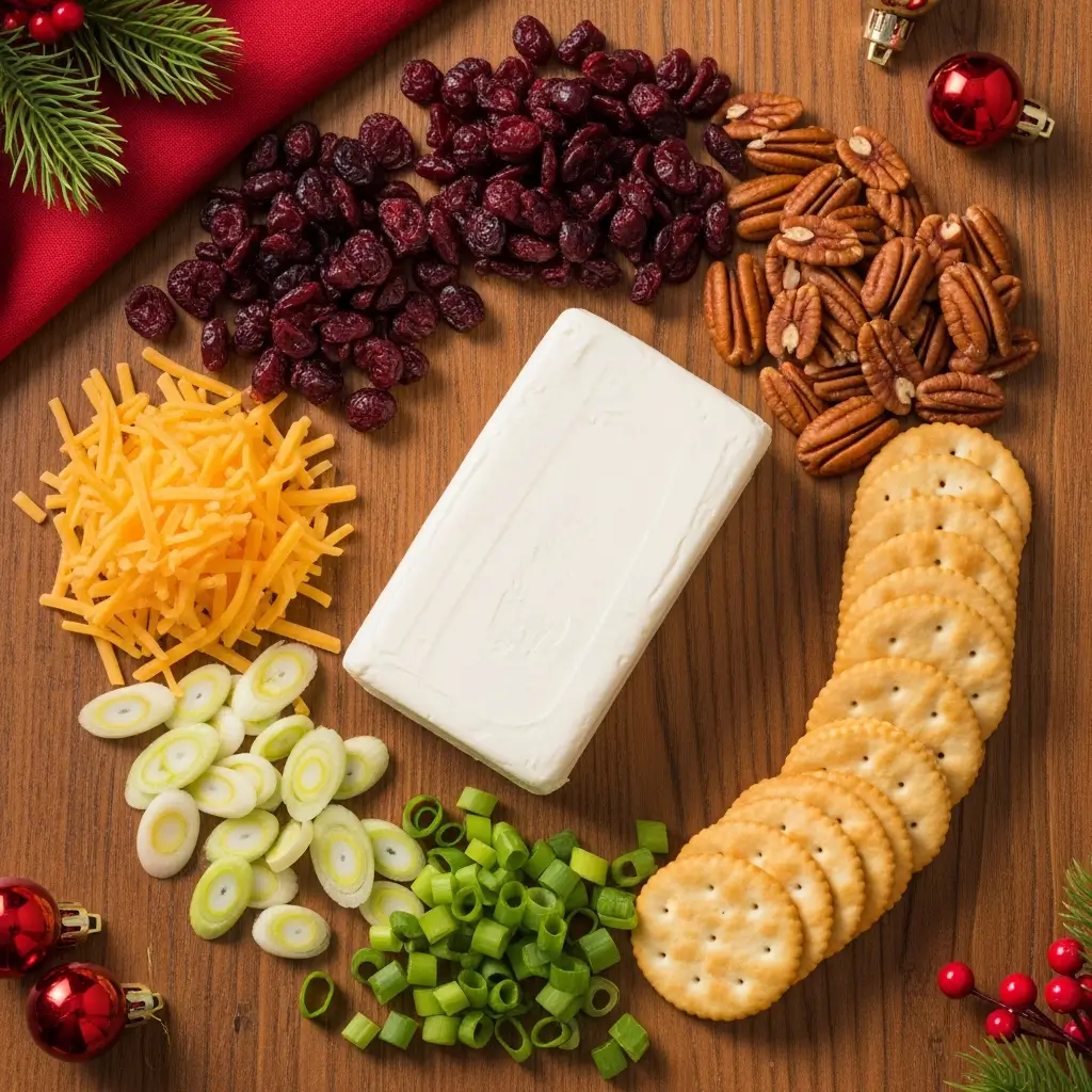 Christmas Cheese Ball ingredients flat lay