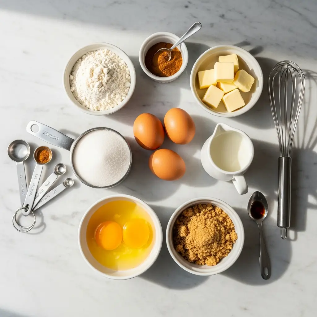 Cinnamon Roll Cupcake ingredients on marble counter