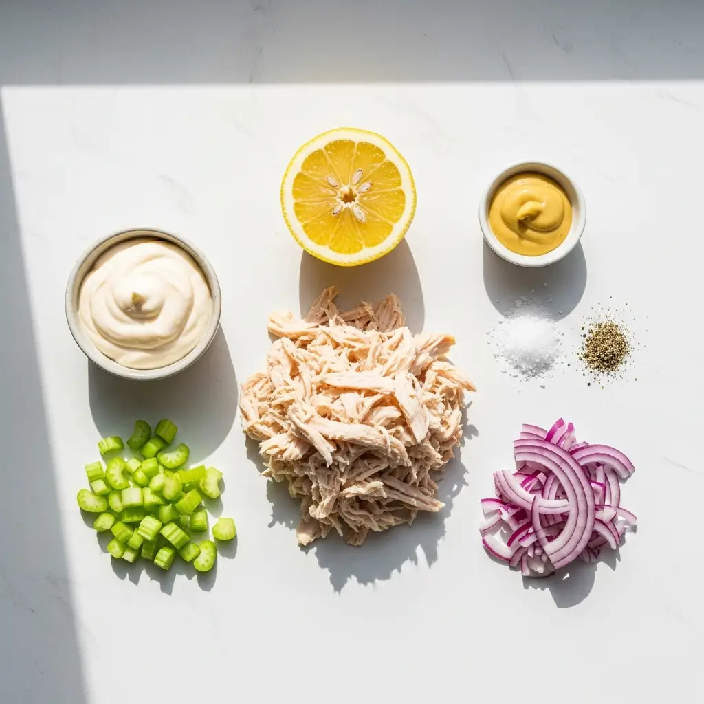 Classic Chicken Salad Ingredients flat lay