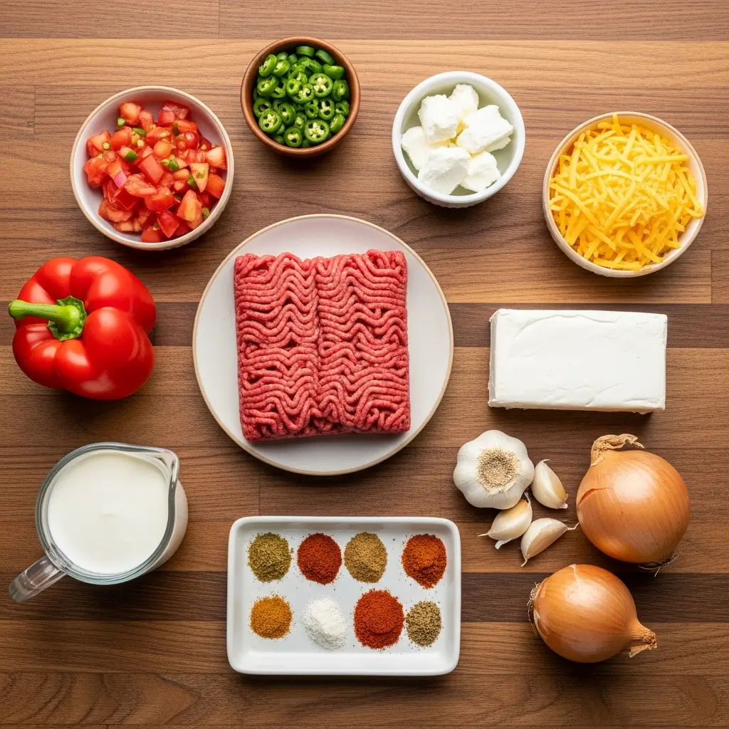 Ingredients for Creamy Keto Taco Soup with Ground Beef and Cheese
