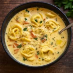 Creamy Tuscan Garlic Tortellini Soup served hot with spinach and tomatoes