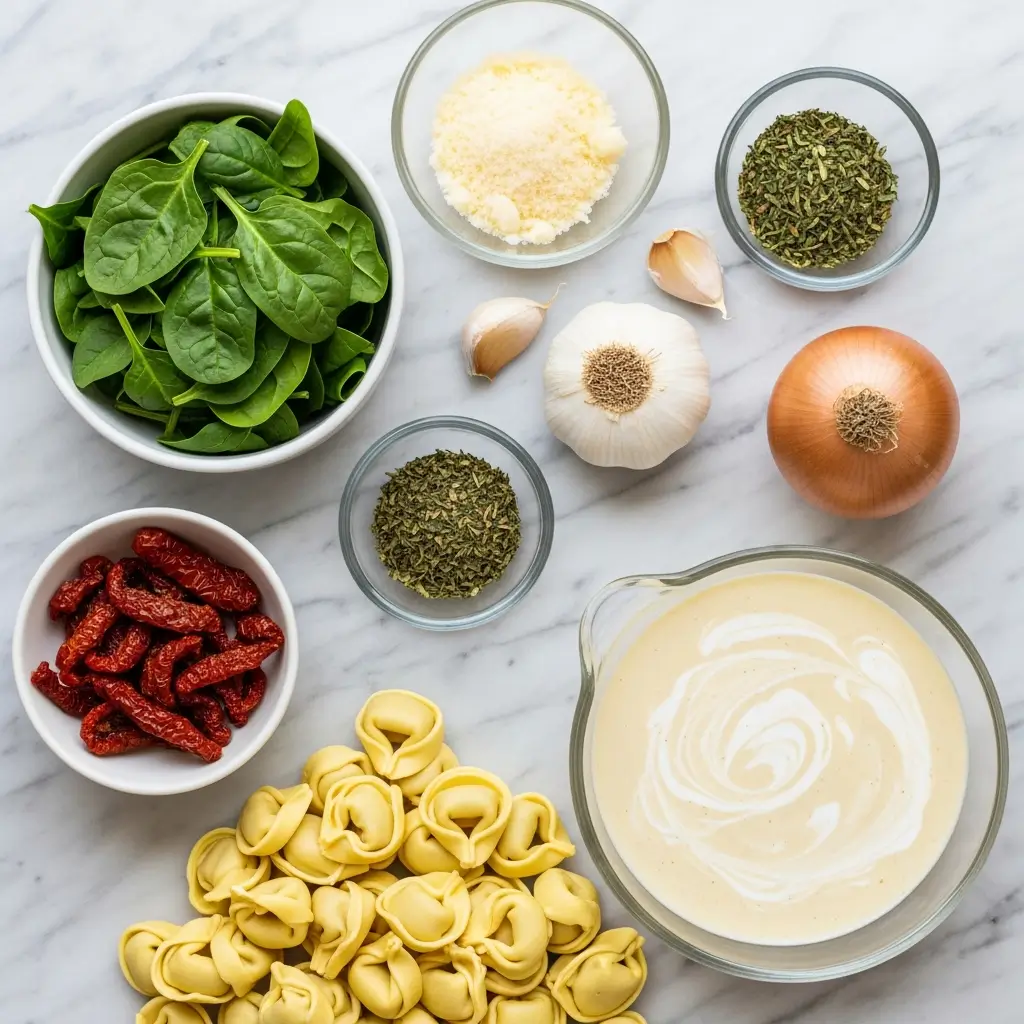 Ingredients for Creamy Tuscan Garlic Tortellini Soup laid out neatly