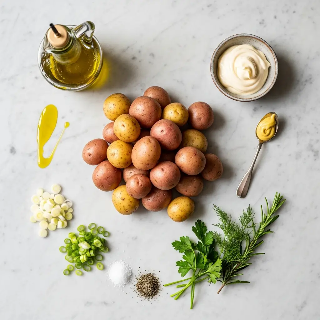 Crispy Smashed Potato Salad ingredients flat lay
