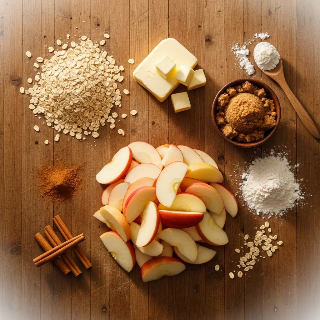 Crunchy Apple Crisp ingredients on wooden counter