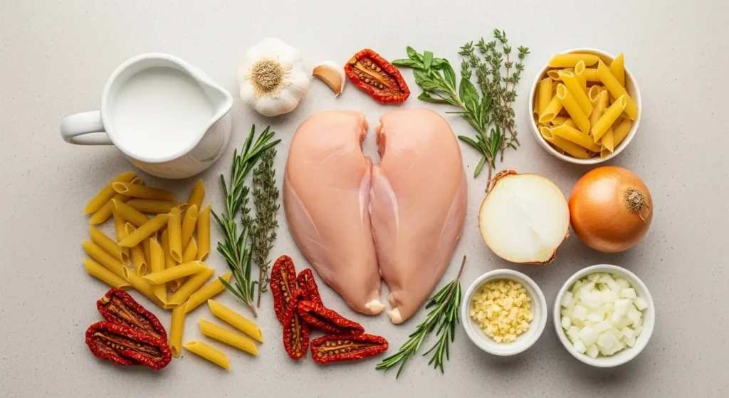 Dairy Free Marry Me Chicken Pasta ingredients flat lay