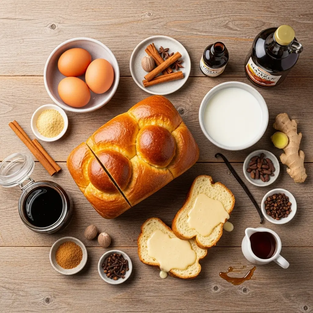 ingredients for easiest gingerbread french toast on rustic table