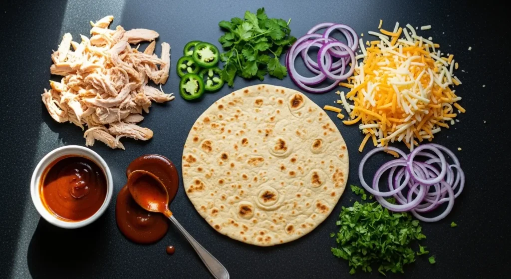 Easy BBQ Chicken Flatbread ingredients flat lay
