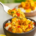 Easy Coconut Curry Chicken with rice and cilantro