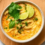 Easy Thai Chicken Curry Soup in rustic bowl