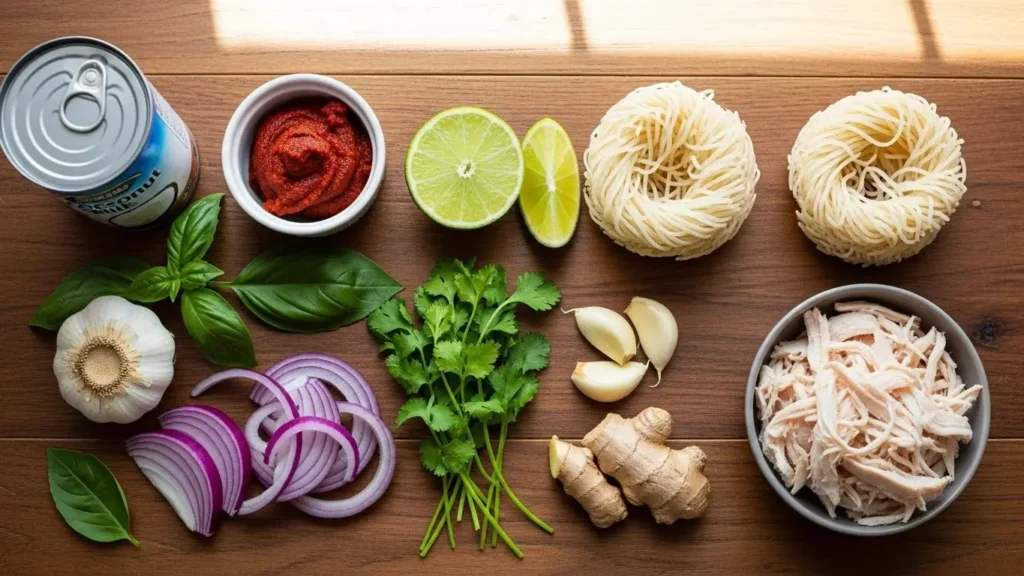 Easy Thai Chicken Curry Soup Ingredients Flat Lay
