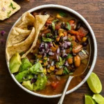 Easy Vegan Taco Soup with tortilla chips and lime