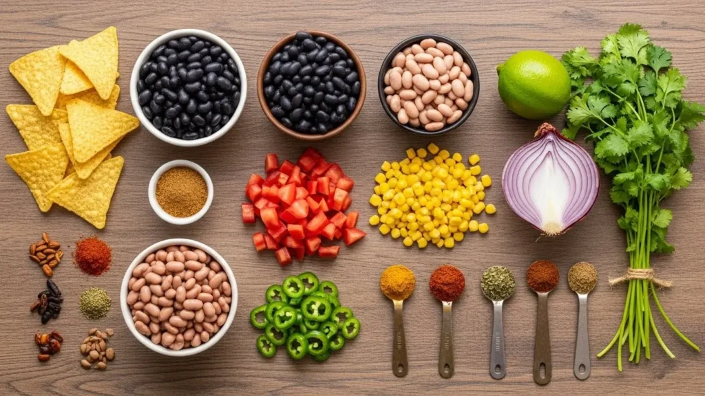 Easy Vegan Taco Soup ingredients flat lay