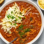 Easy Vegetarian One Pot Lasagna Soup simmering in a pot