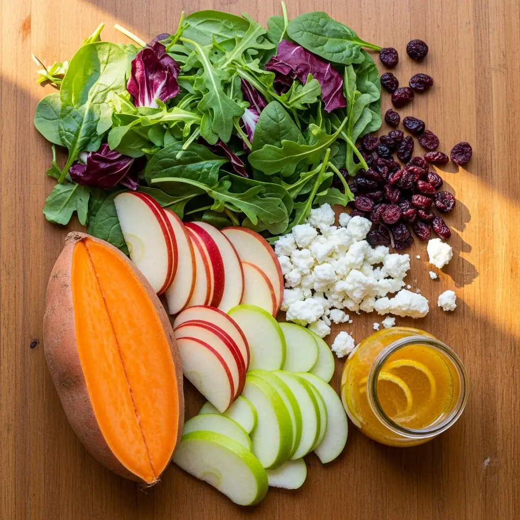 Ingredients for Fall Harvest Salad Recipe on table
