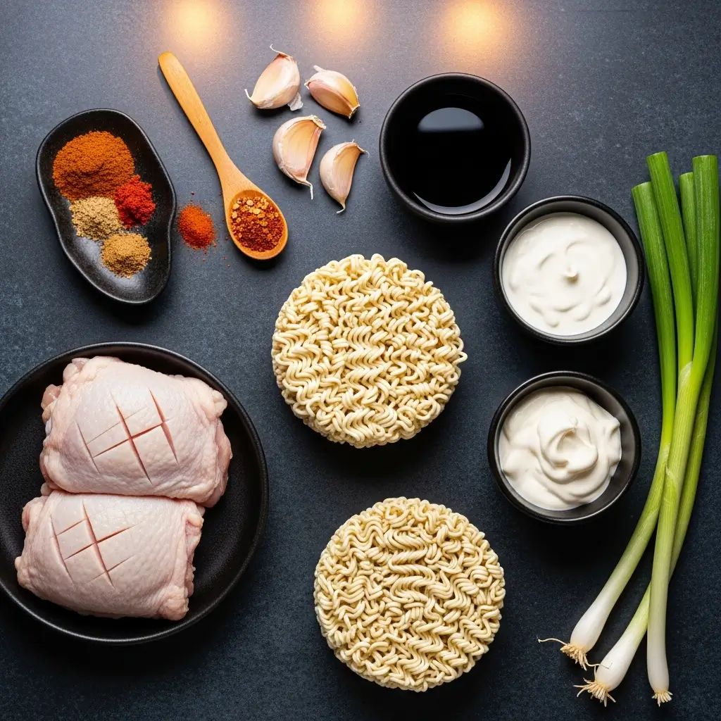 ngredients for Fiery Chicken Ramen with Creamy Garlic Sauce