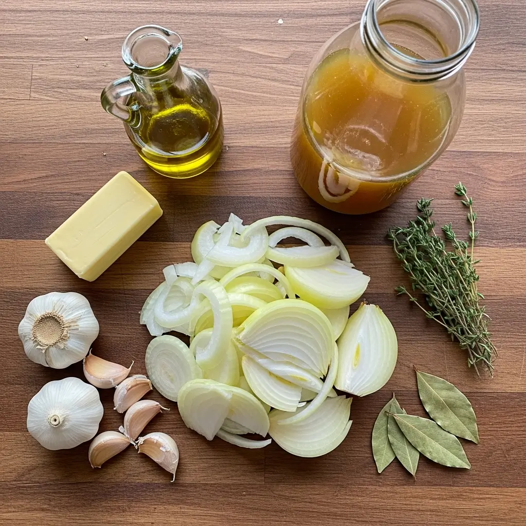Garlic and Onion Soup ingredients on wooden counter