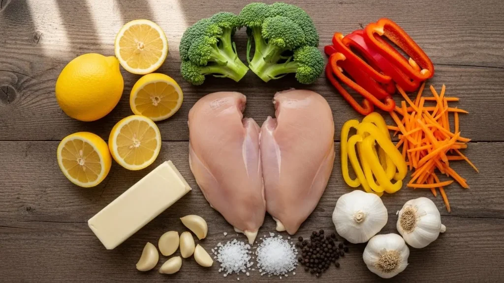 Ingredients for Garlic Lemon Butter Chicken and Veggie Bowls