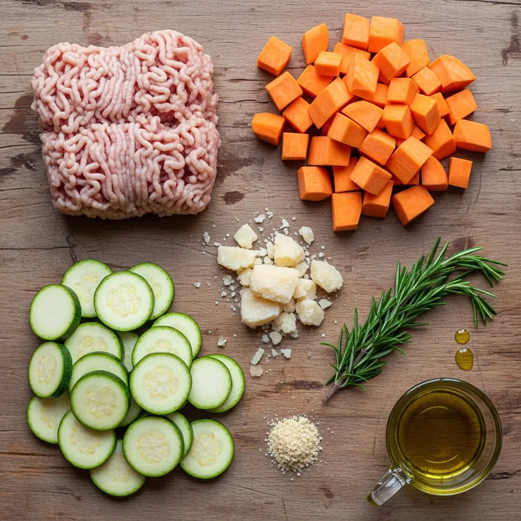 Ingredients for Ground Turkey Sweet Potato Bake arranged on table