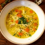 Healthy Chicken and Rice Soup in bowl with parsley garnish