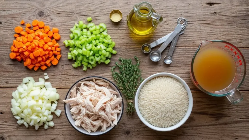 Ingredients for Healthy Chicken and Rice Soup on kitchen counter