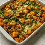 Healthy Ground Turkey Sweet Potato Bake in baking dish