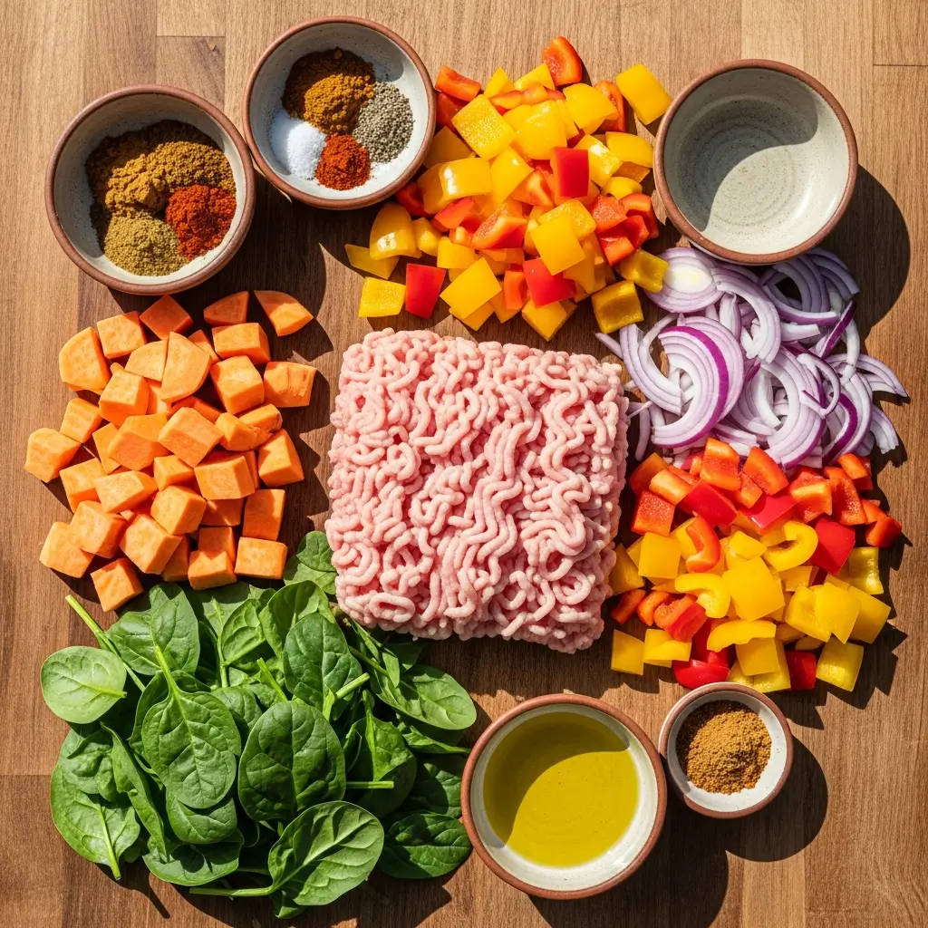 Ingredients for Healthy Ground Turkey Sweet Potato Bake SEO File