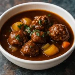 Hearty Meatball Stew in a rustic bowl with vegetables