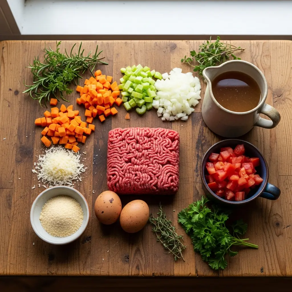 Hearty Meatball Stew ingredients on wooden table