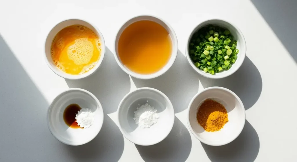 Homemade Egg Drop Soup ingredients flat lay