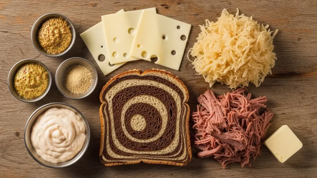 Homemade Reuben Bake ingredients laid out on table