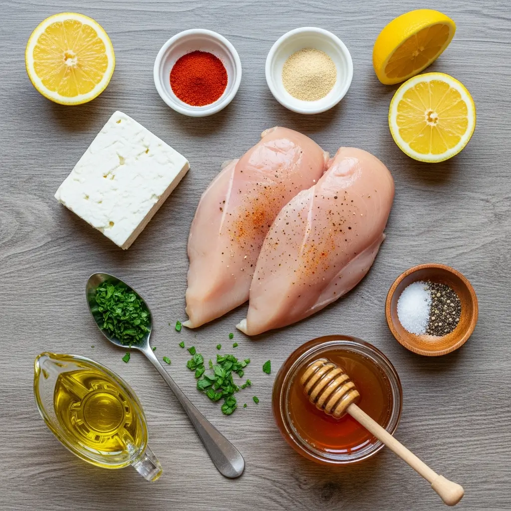 Hot Honey Feta Chicken ingredients flat lay