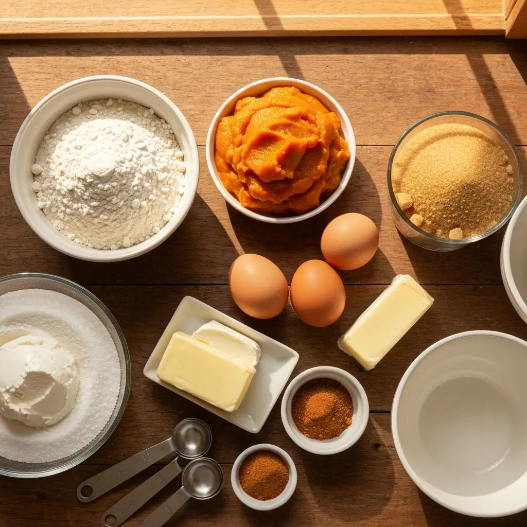 Irresistible Pumpkin Cheesecake Cookies ingredients on a wooden counter