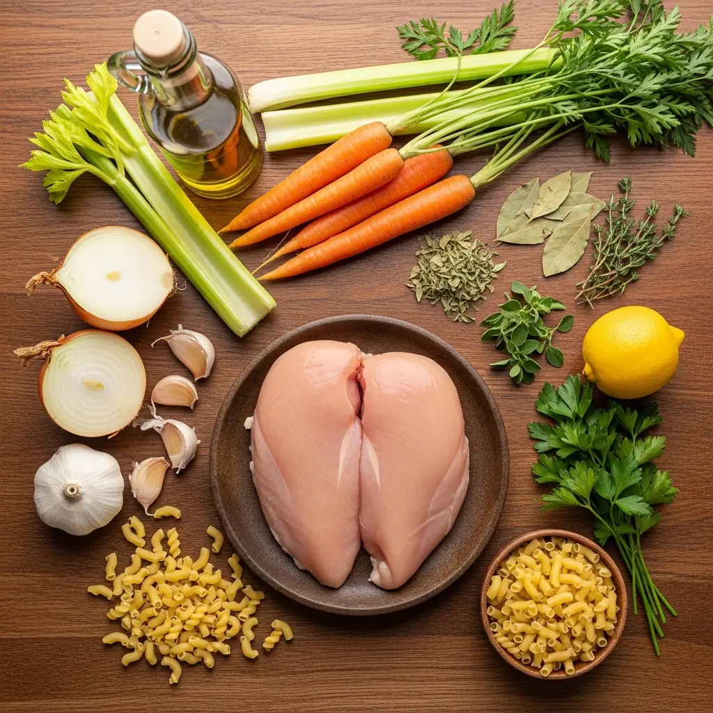 Ingredients for Italian Penicillin Soup on a wooden table