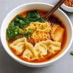 Kimchi Noodle Soup with Dumplings