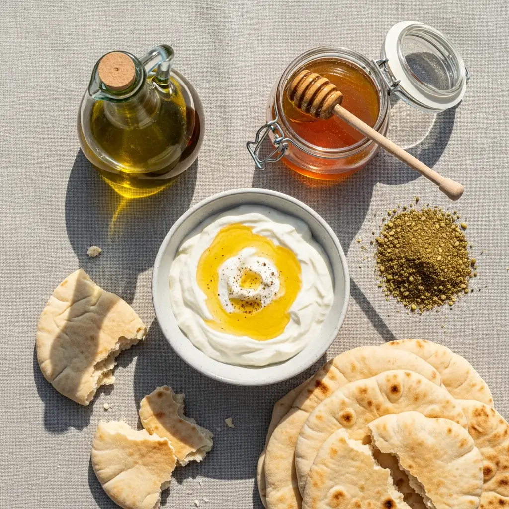 Labneh with Zaatar and Honey Dip ingredients flat lay