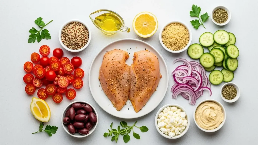 Mediterranean Chicken Bowl ingredients laid out